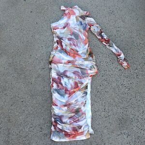 Shein X One Shoulder Abstract Mesh Ruched Slit Party Dress NWT Size Large